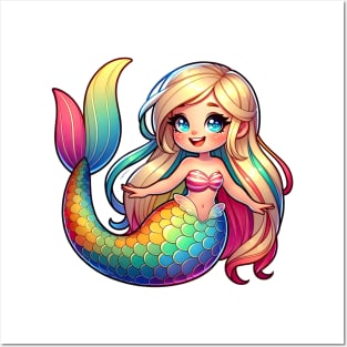 Rainbow Tail Kawaii Blonde Mermaid Posters and Art
